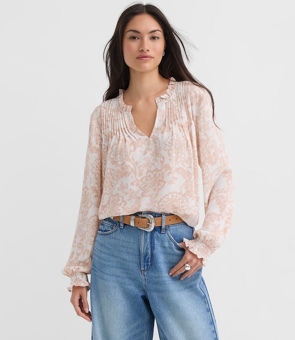 LOFT Floral Ruffle Split Neck Blouse Medium Beige Ivory Boho Romantic NWT